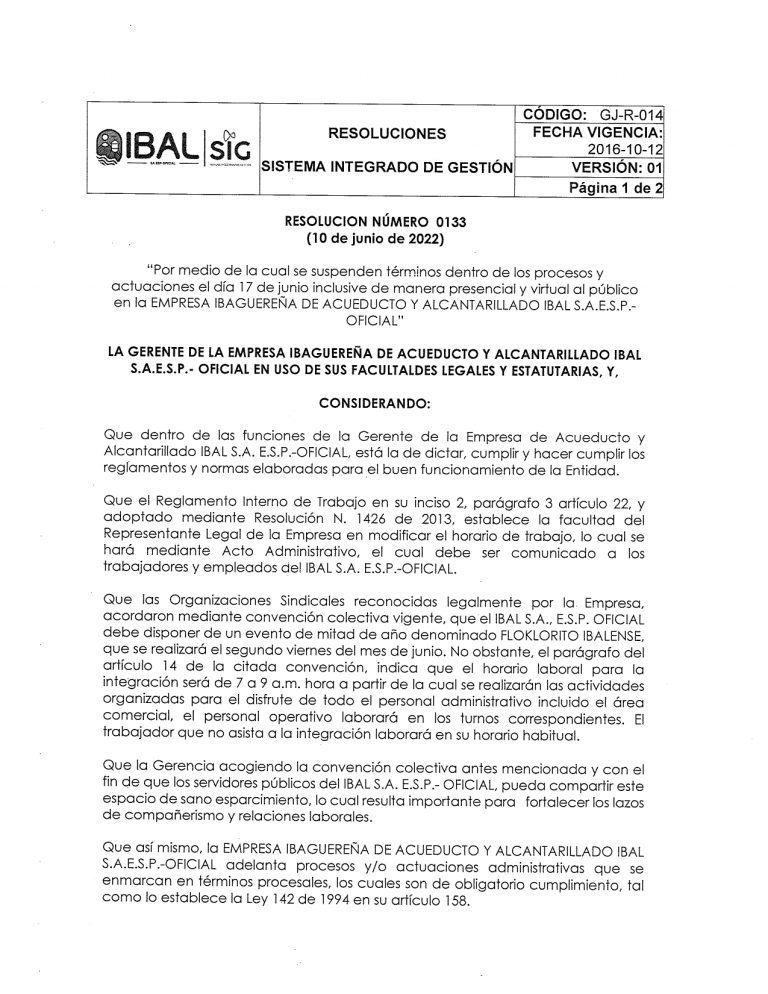 Resolución N. 0133 de 2022