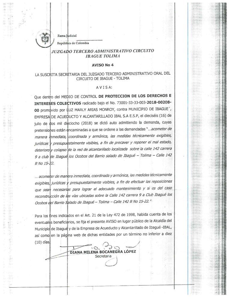 Aviso Acción Popular Rad 2018-00208 Luz Marly Arias Monroy