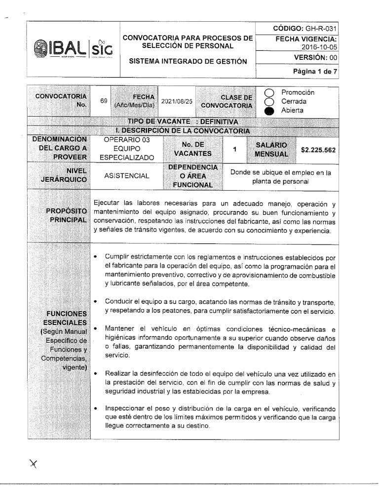 Oferta de Empleo – Convocatoria 69 de 2021