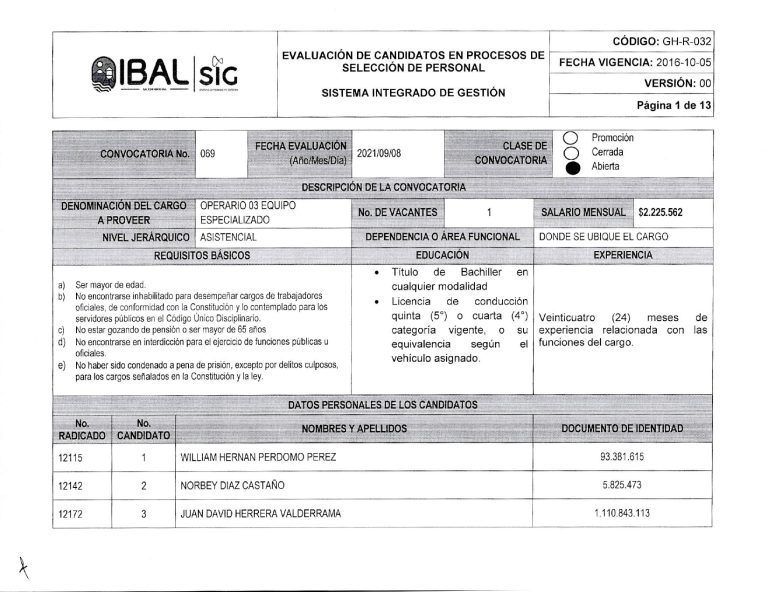 Convocatoria N. 69 de 2021