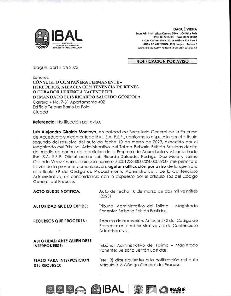 Aviso Luis Ricardo Salcedo y Otros
